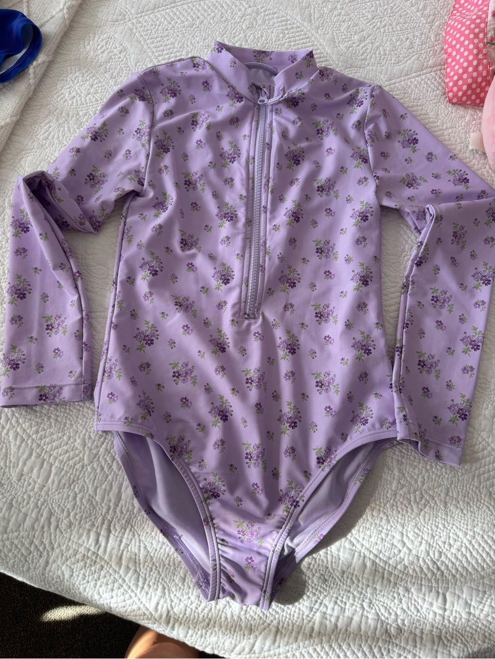 Place Lavender Floral Long-Sleeve One-Piece Swimsuit